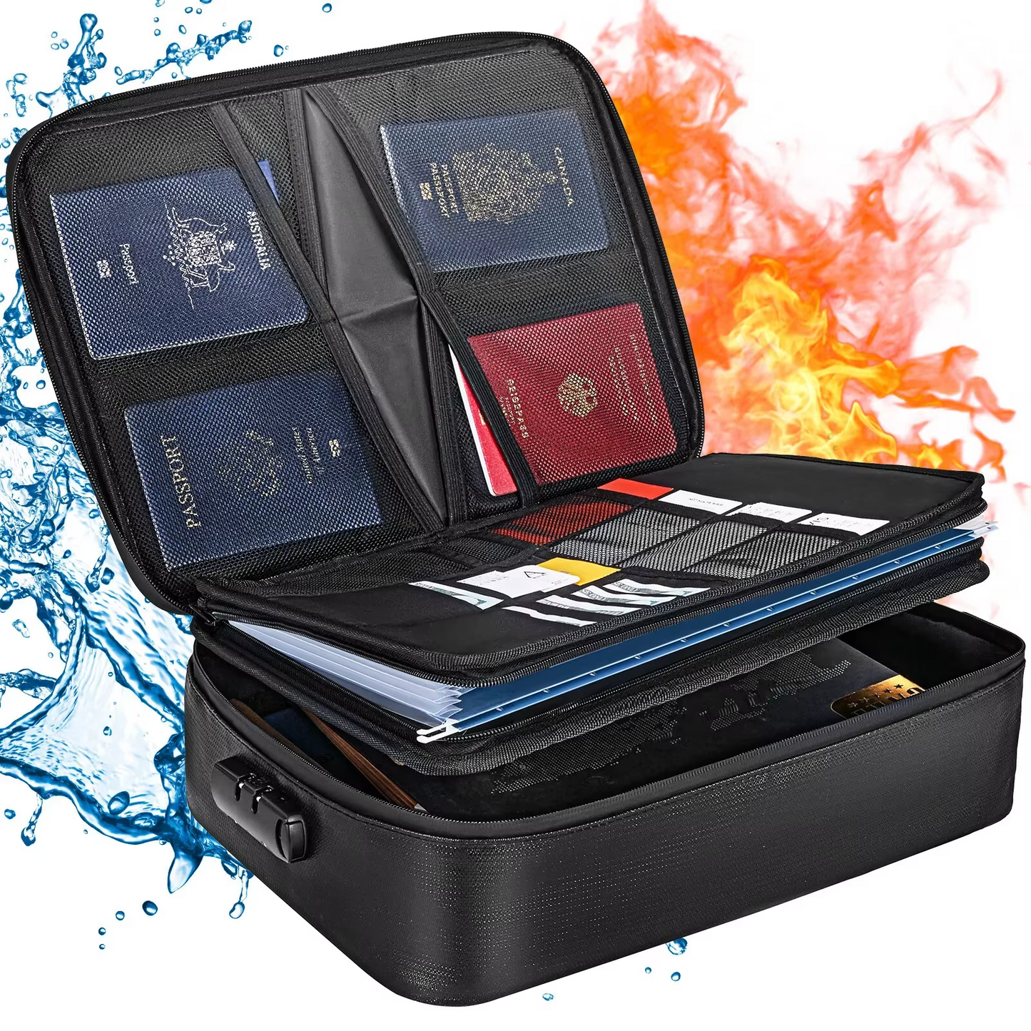 Fireproof & waterproof document organizer bag for important papers, passports & cash, home & travel.