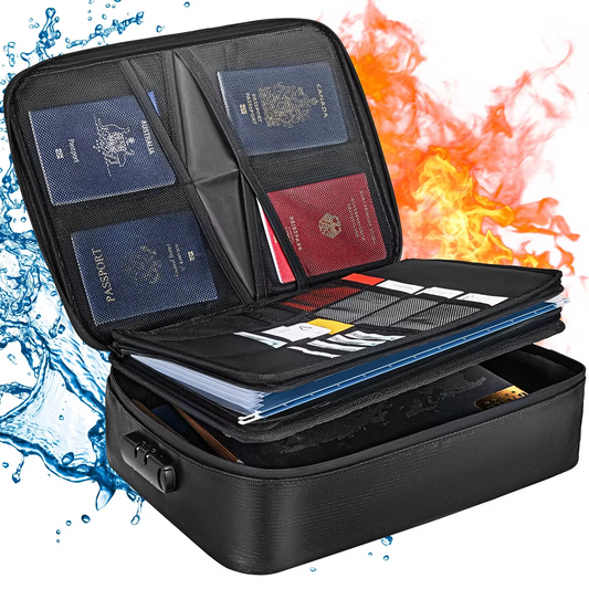 Fireproof & waterproof document organizer bag for important papers, passports & cash, home & travel.