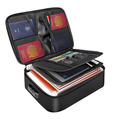Keep important papers, passports, cash safe in this fireproof waterproof document organizer & file storage bag.
