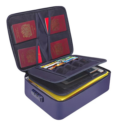 Multi-layer fireproof waterproof document organizer bag for secure storage of vital papers & travel essentials.