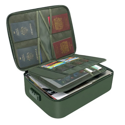 Fireproof waterproof document bag. Essential for protecting valuable papers, passports, cash at home or travel.