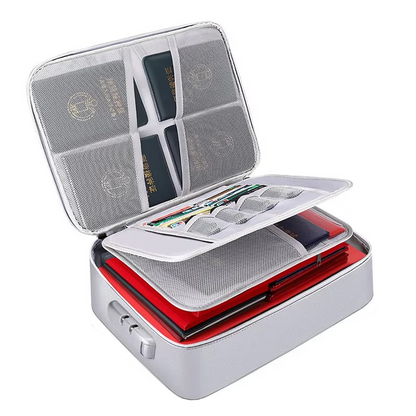Secure fireproof waterproof document holder for birth certificates, legal documents, cash, and passports.
