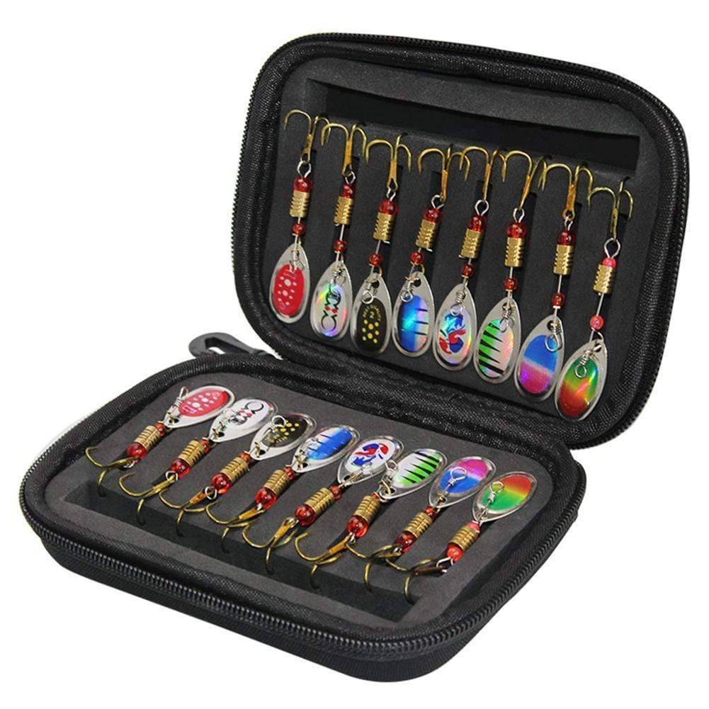 Fishing lure set with colorful sequin spoon baits in an open tackle box, ideal for various angling.
