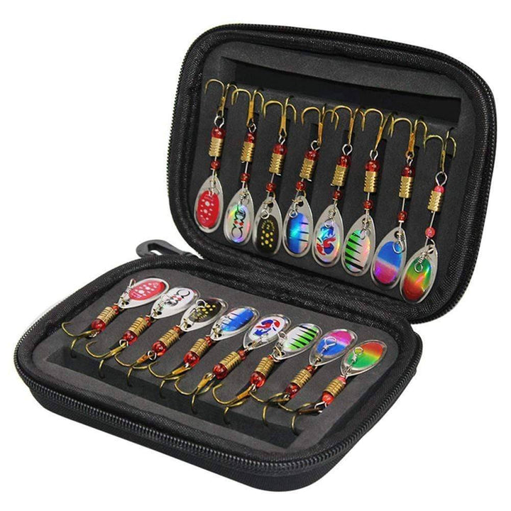 Fishing lure set with colorful sequin spoon baits in an open tackle box, ideal for various angling.