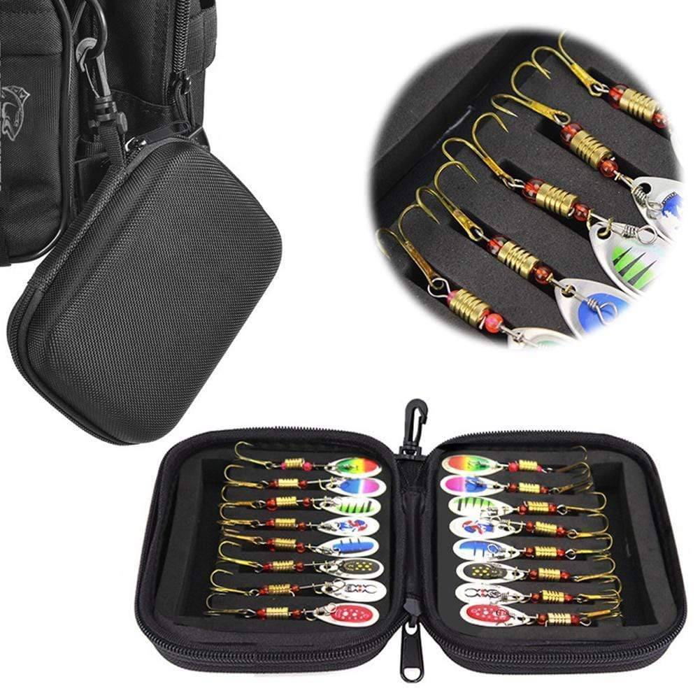 Assorted fishing spoon baits and sequin lures neatly arranged in a case, essential fishing accessories.