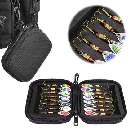 Assorted fishing spoon baits and sequin lures neatly arranged in a case, essential fishing accessories.