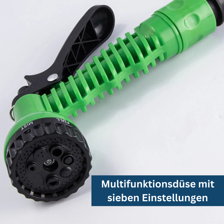 Compact flexible garden hose with spray nozzle for efficient watering, perfect for outdoor garden tasks.