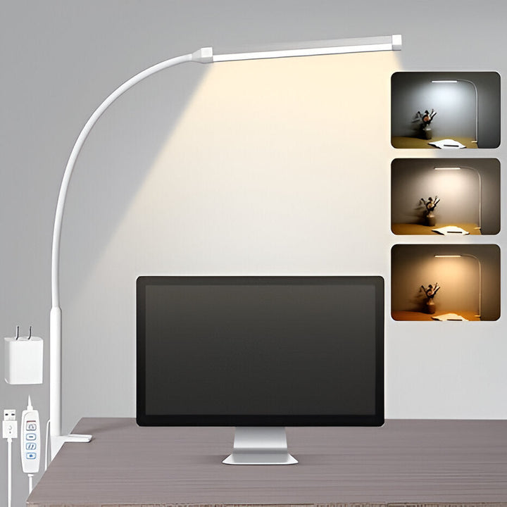 Adjustable Clamp Desk Light: Flexible gooseneck LED lamp with 3 color modes, dimmable for workspace or study.