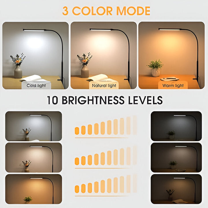 Eye Care LED Reading Lamp: Dimmable, flexible gooseneck with clamp. Ideal for bedside, desk, or study task lighting.