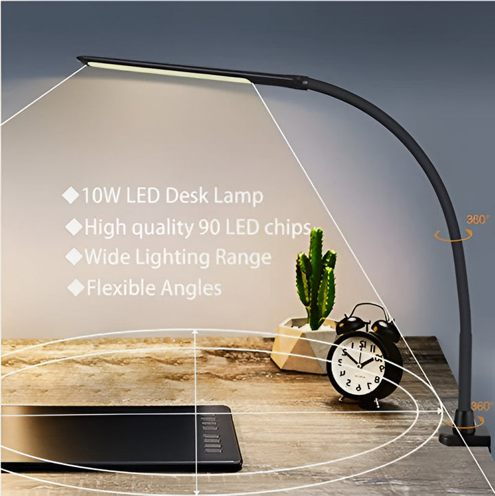 Versatile Clamp-On LED Lamp: Flexible arm, 3 light modes (warm, natural, cool), dimmable for optimal reading or work.