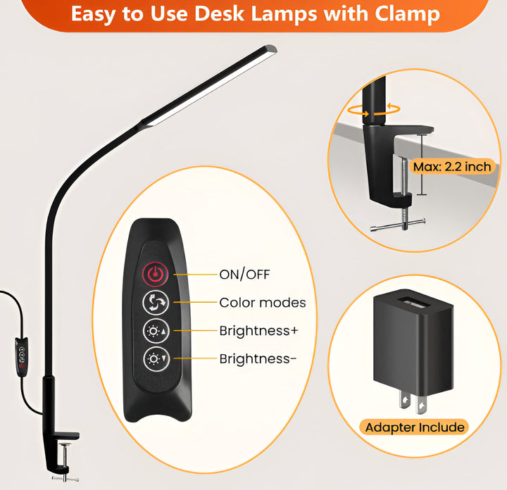 Home Office LED Study Lamp: Flexible gooseneck, sturdy clamp, 3 dimmable light settings. Perfect for focused work.
