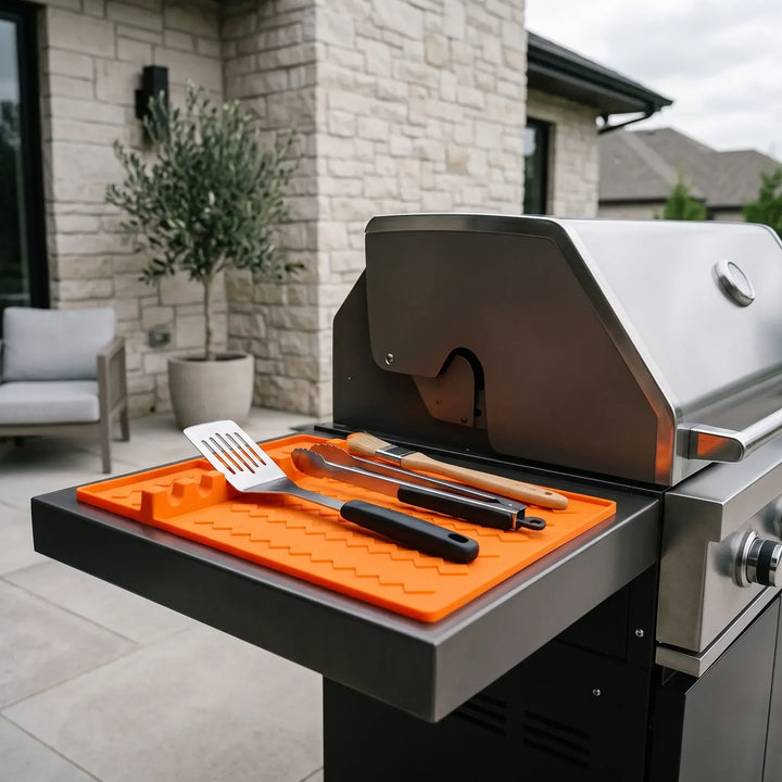 Flexible silicone grill utensil rest for BBQ tools, keeping outdoor cooking surfaces clean and organized.
