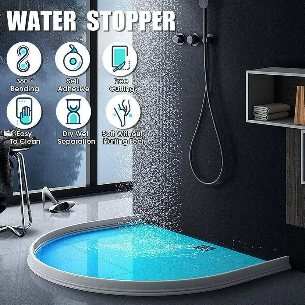 Self-adhesive silicone splash guard for showers. Stops water spills & creates dry zones.