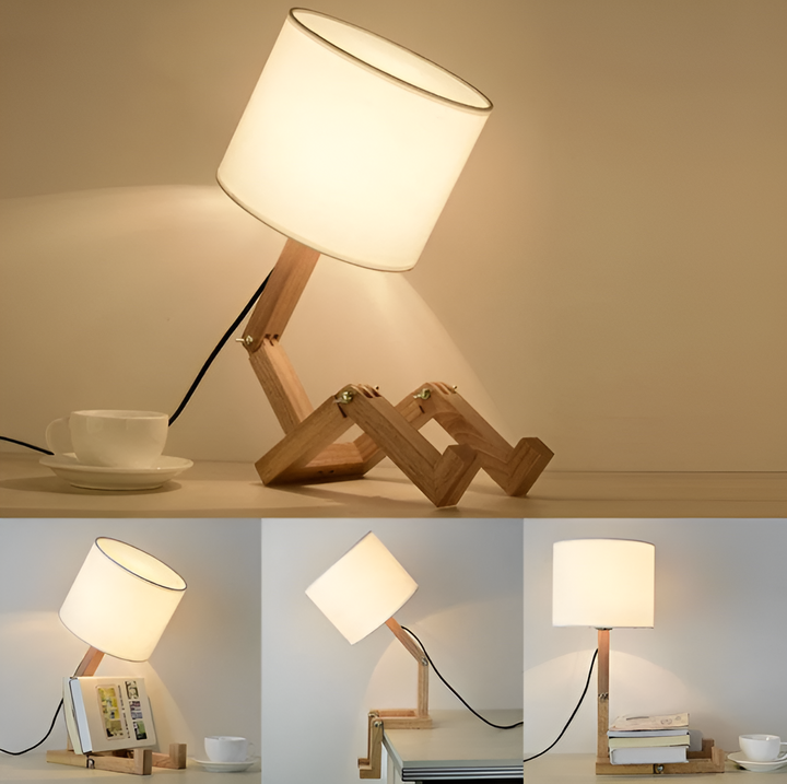 Adjustable wooden robot reading light, flexible arm for optimal office lighting. Sustainable design.
