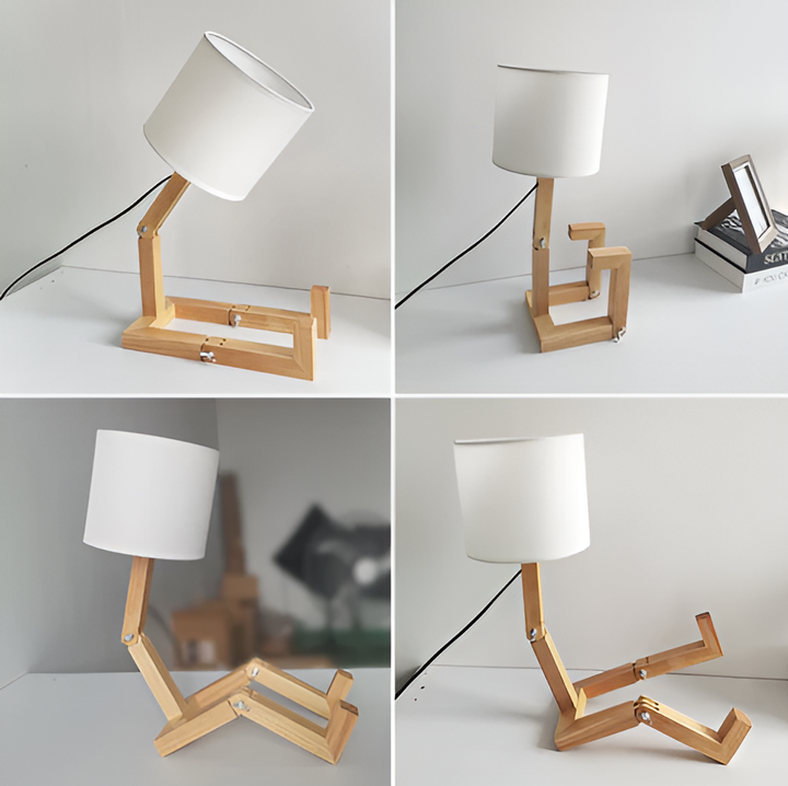 Solid wood flexible robot desk lamp, a sustainable and unique lighting solution for modern homes.