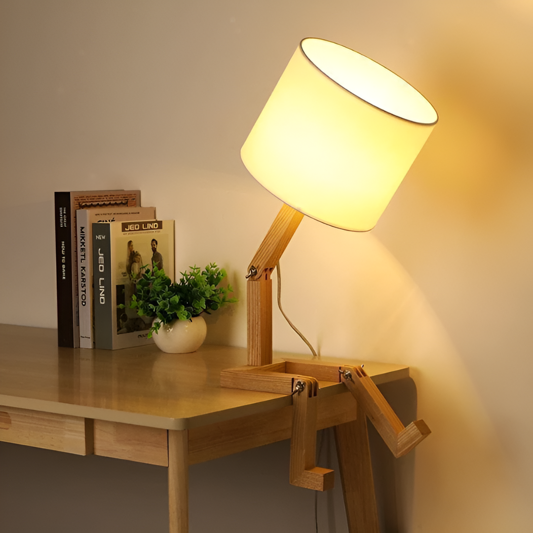 LumoBot flexible wooden robot desk lamp, adjustable for reading, office, and home decor.