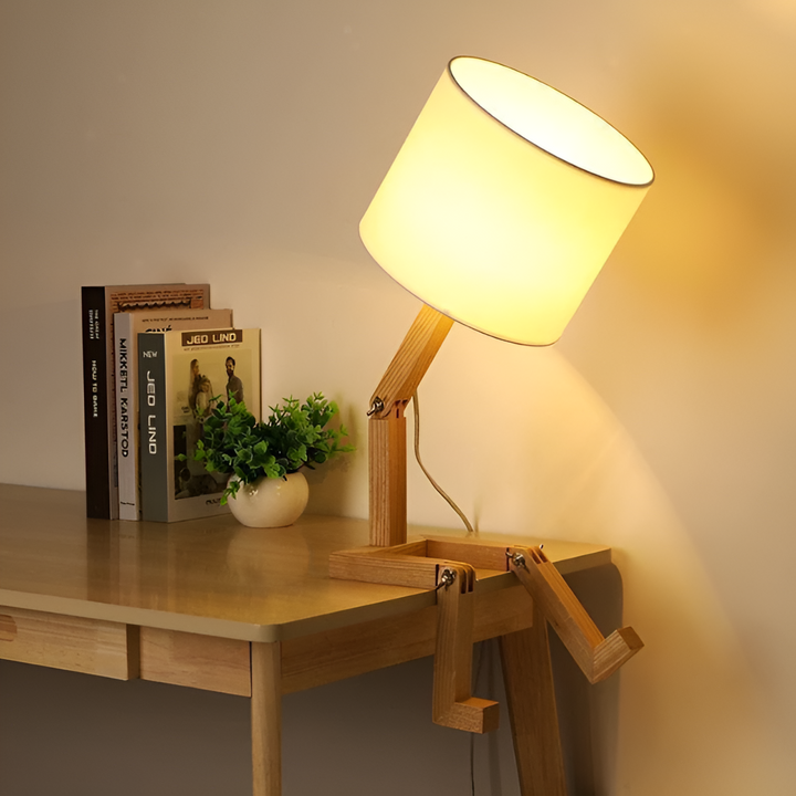 LumoBot flexible wooden robot desk lamp, adjustable for reading, office, and home decor.