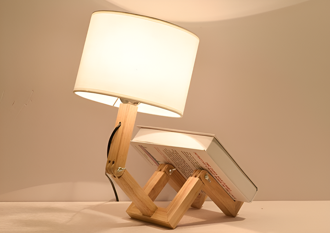 Handcrafted flexible wooden robot desk lamp, sustainable and adjustable for modern homes & offices.