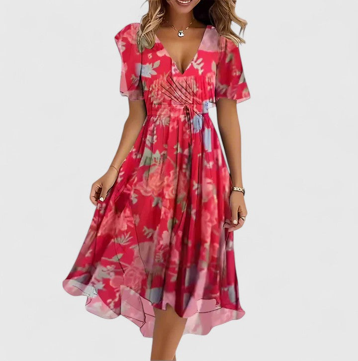 Floral plunge V-neck midi dress with flutter sleeves, perfect for elegant summer parties.