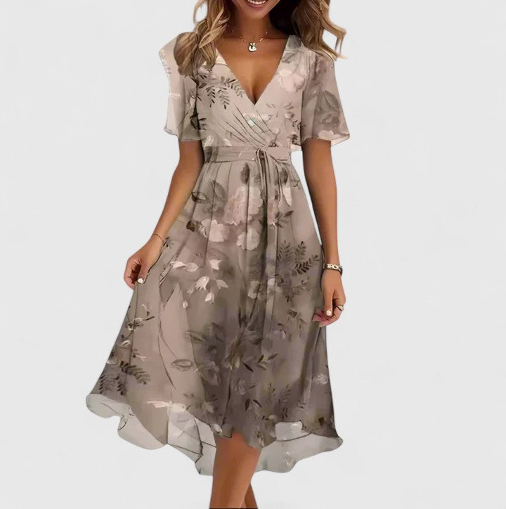 Summer elegant floral midi dress, V-neck, flutter sleeves, a perfect choice for special occasions.