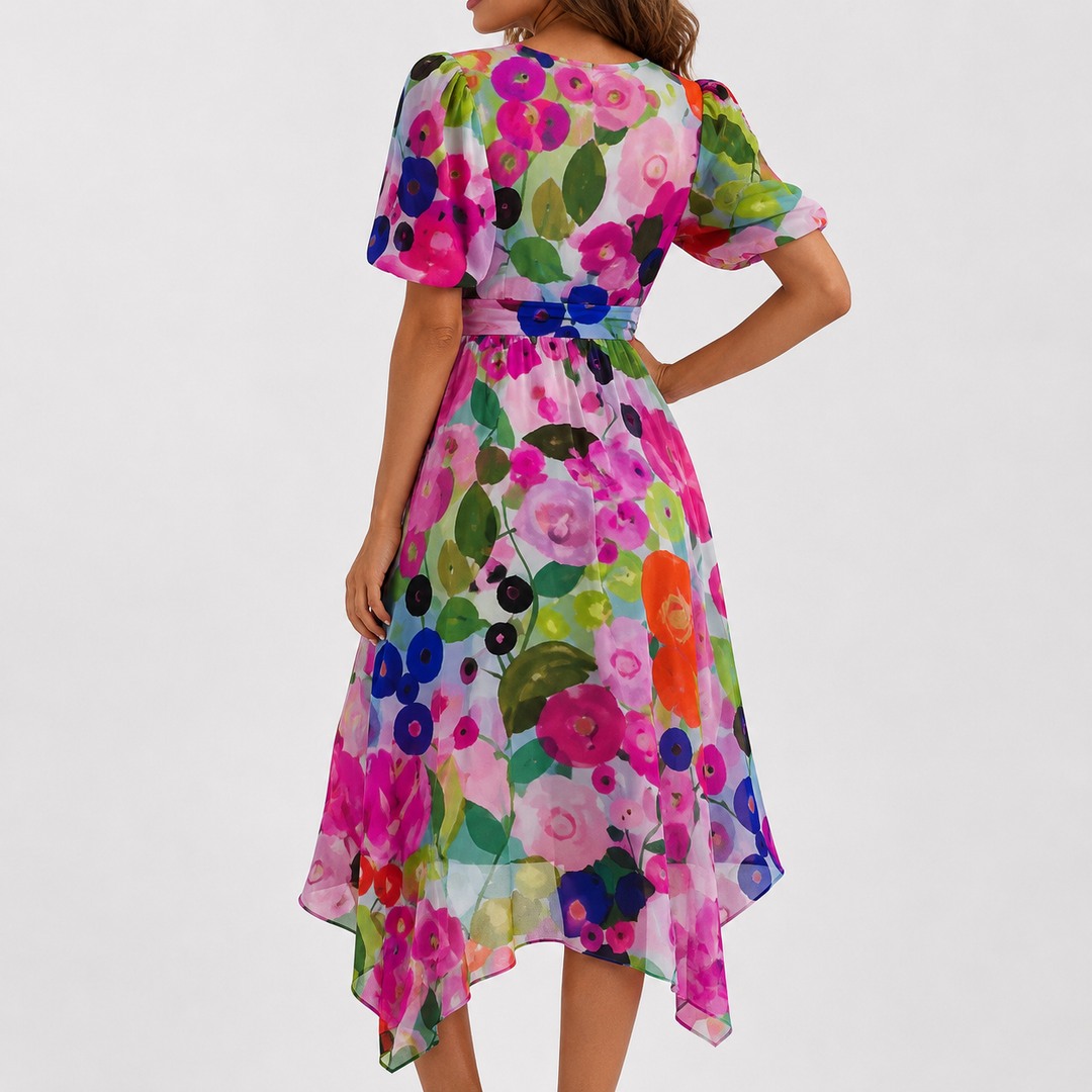 Women's floral print midi dress with a dramatic plunge V-neck and comfortable flutter sleeves.