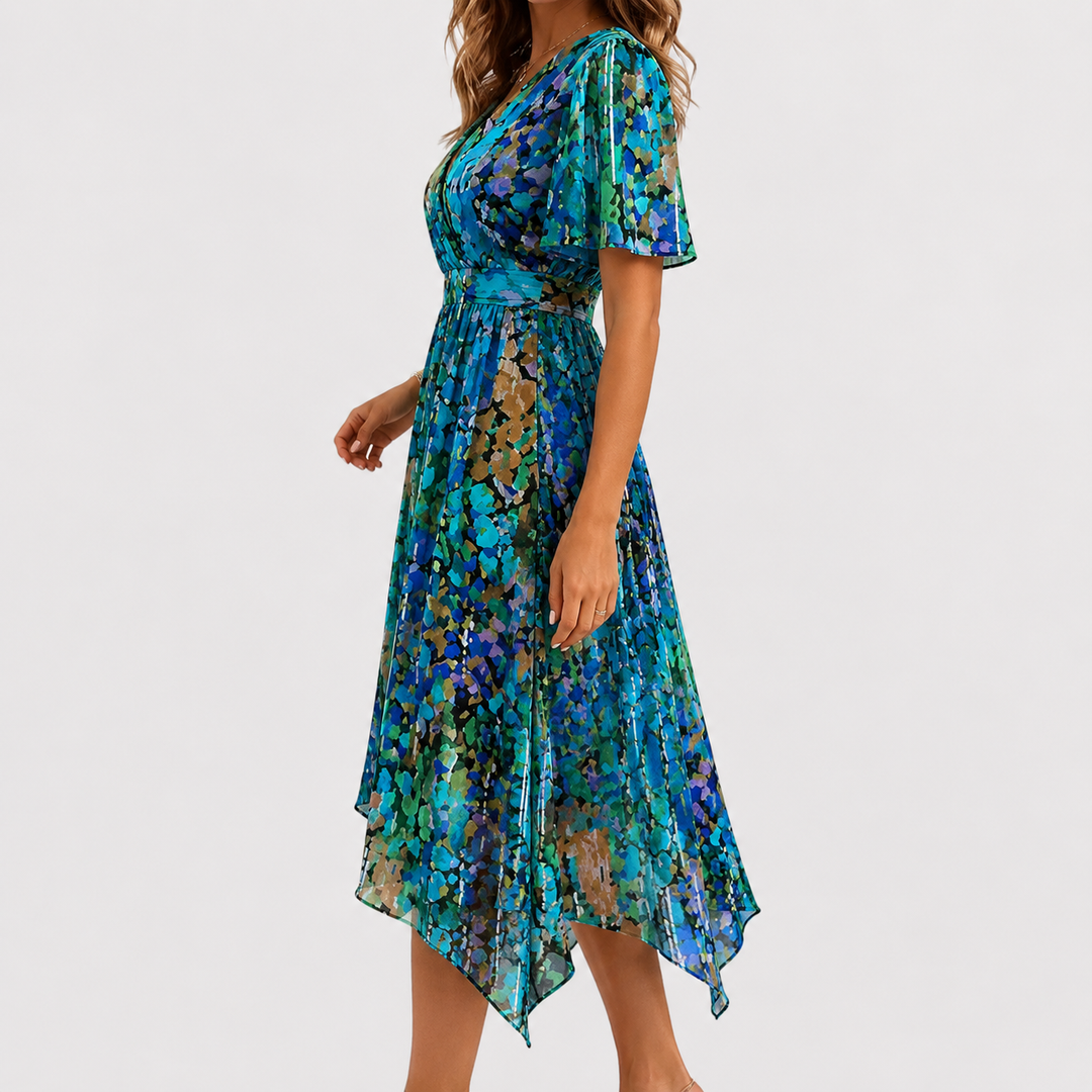 Feminine floral flutter sleeve midi dress for women, featuring a stylish plunge V-neck design.