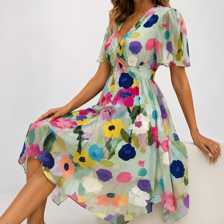 Delightful floral midi dress for women, V-neck, flutter sleeves, great for casual summer fashion.