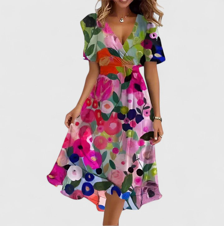Women's occasion floral dress, plunge V-neck, flutter sleeves, and an elegant midi style.