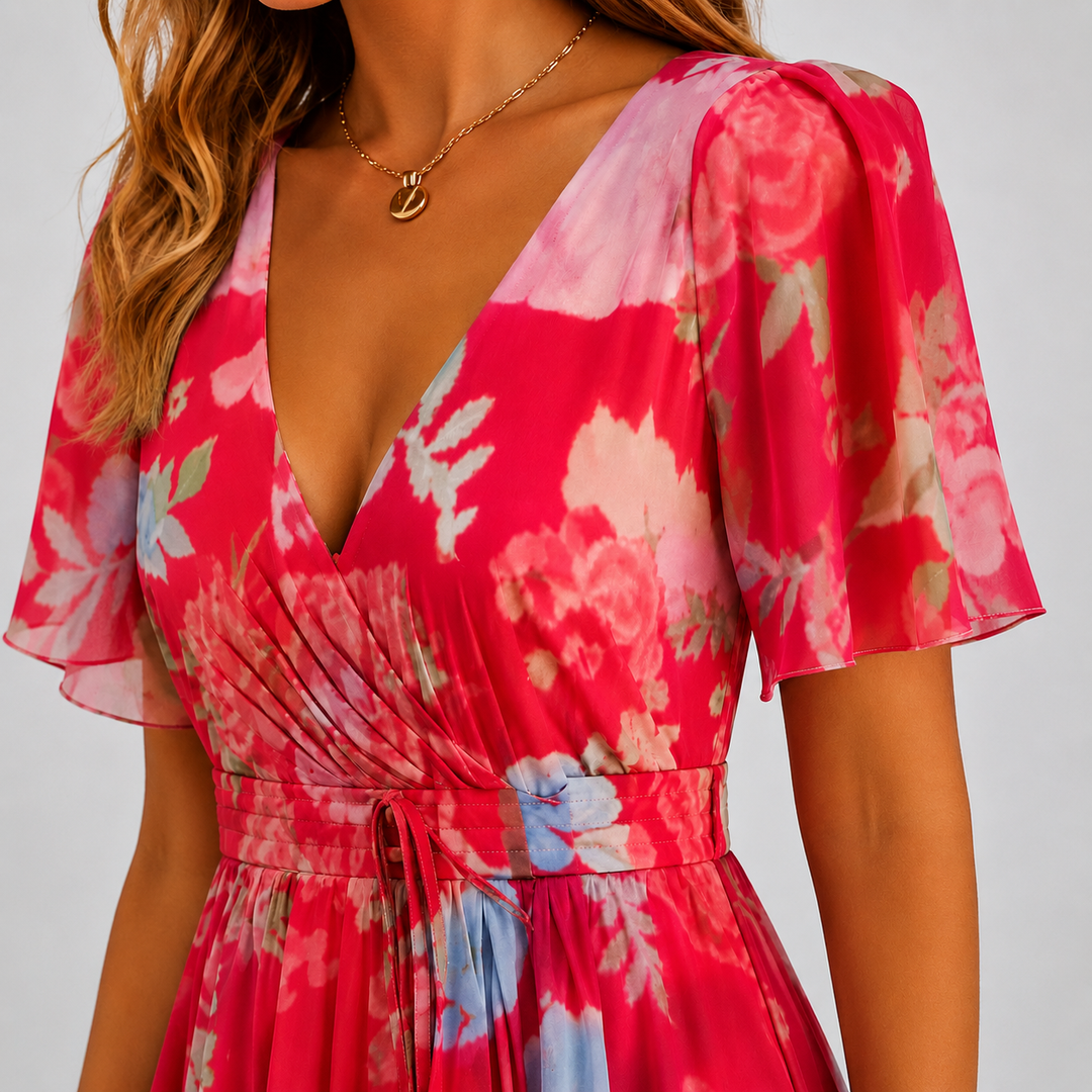 Elegant women's floral midi dress, V-neck, flutter sleeves, and a stylish high-low hem.