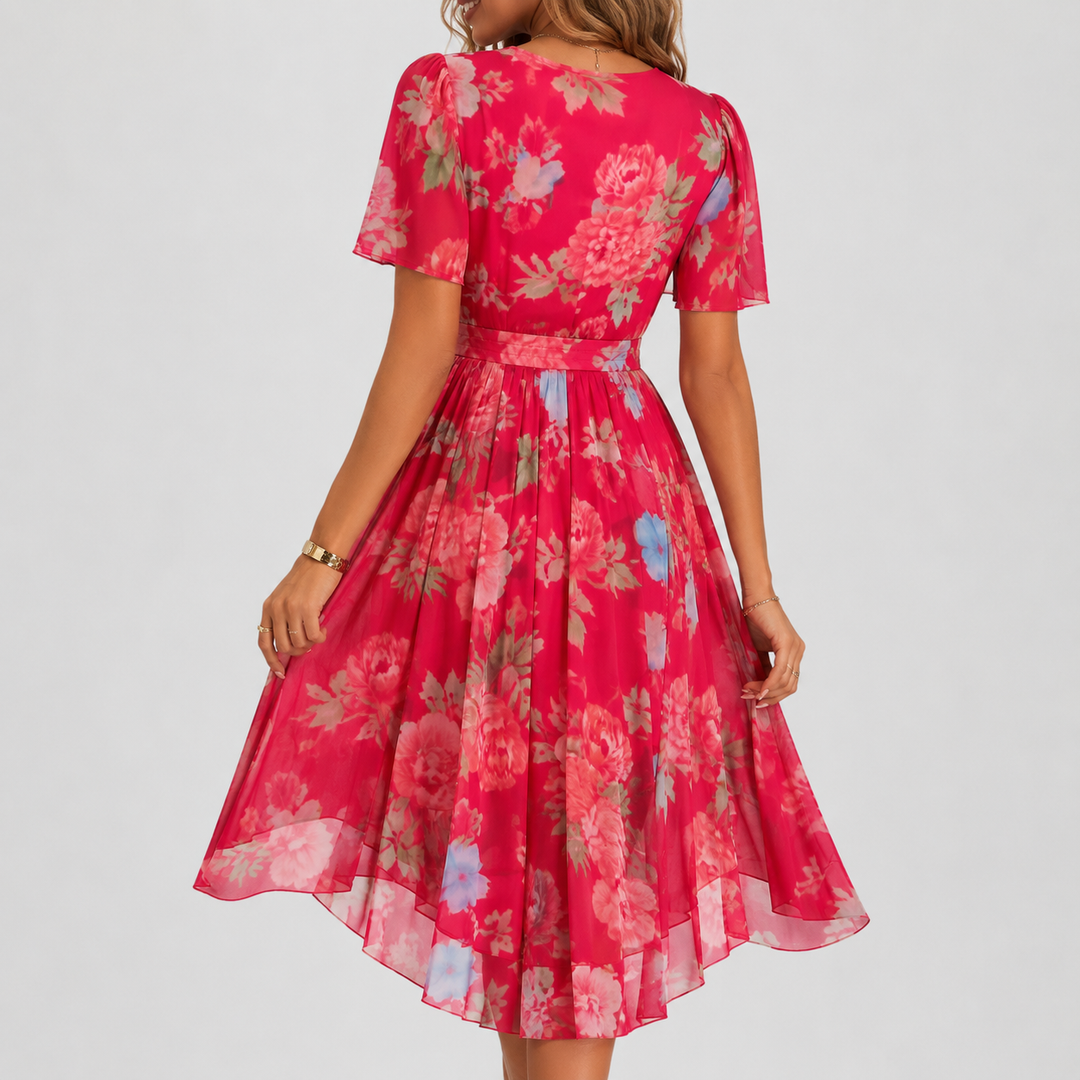 Women's floral party dress featuring a plunge V-neck and delicate flutter sleeves, ideal for garden events.