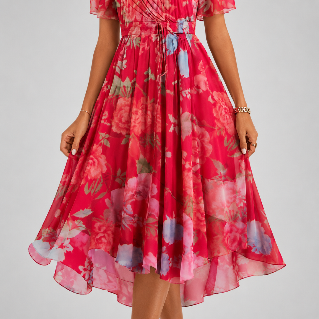 Chic summer floral midi dress for women, with a flattering plunge V-neck and flowy flutter sleeves.