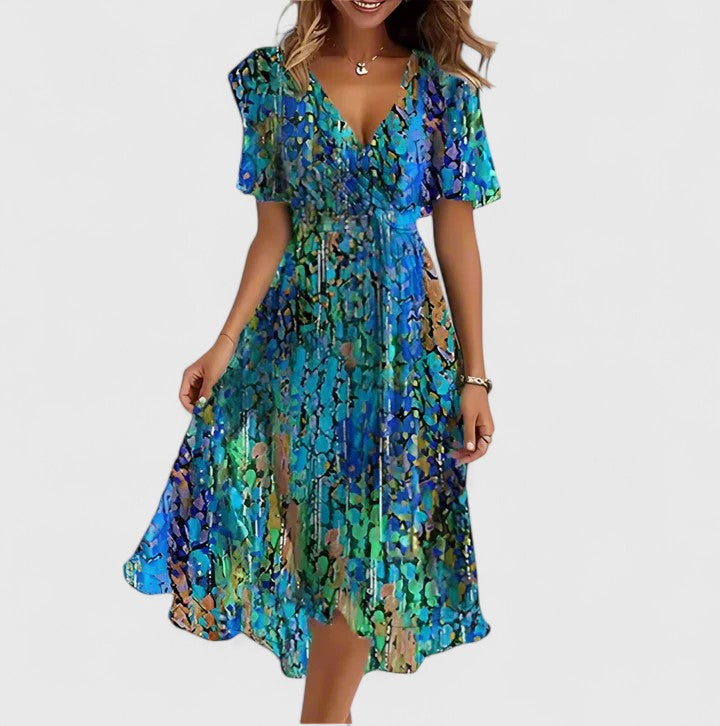 Occasion wear: Women's elegant floral V-neck midi dress with flutter sleeves for special events.