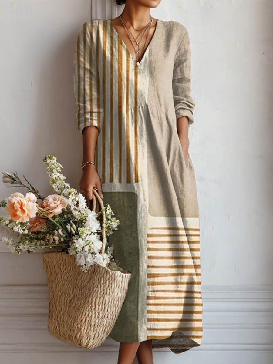 Flowing women's relaxed earth tone midi dress. Comfortable, versatile & stylish for casual spring & summer everyday wear.