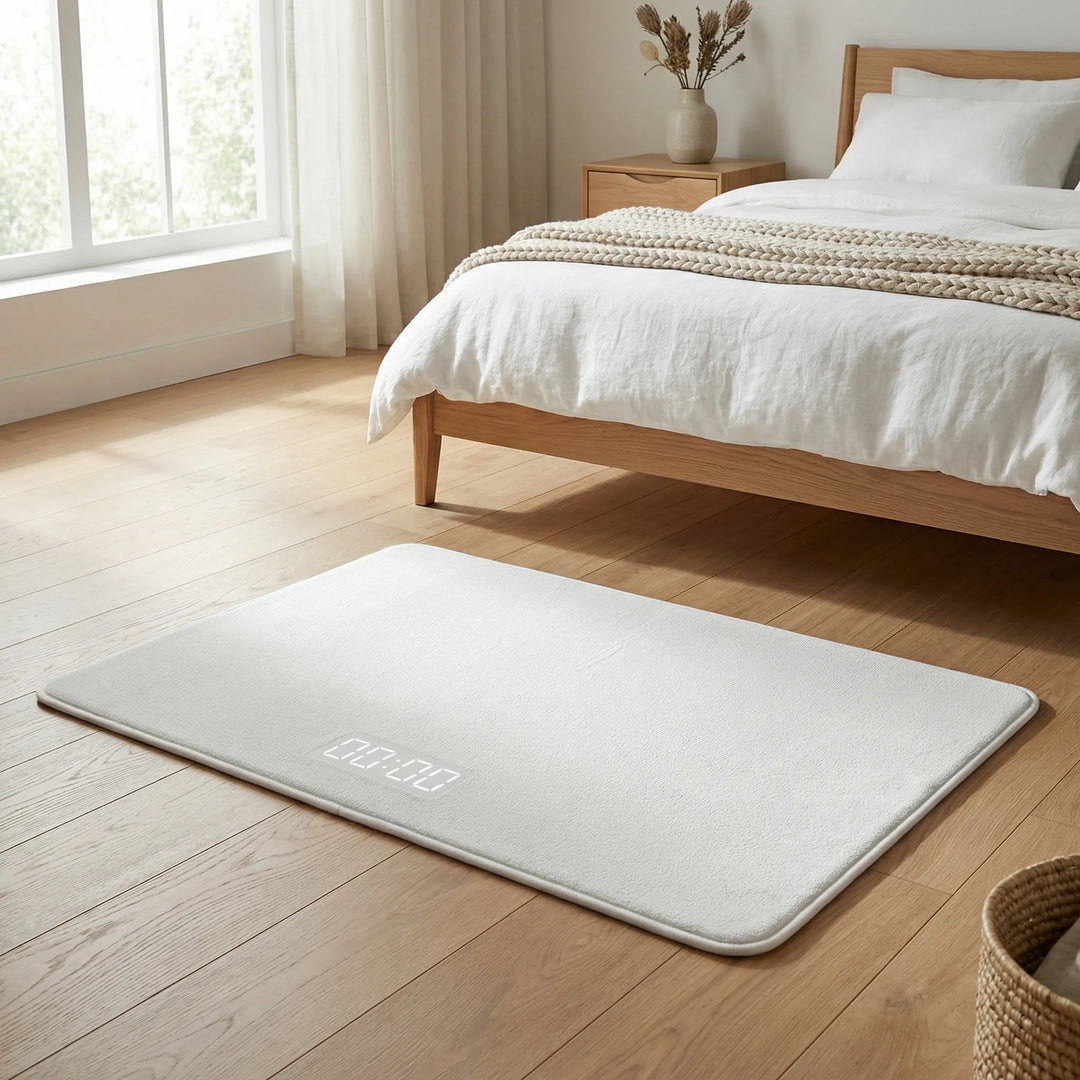 Flowique Smart Pressure Sensing Alarm Mat with wave design, perfect wake up aid for deep sleepers and a stylish bedroom gadget.