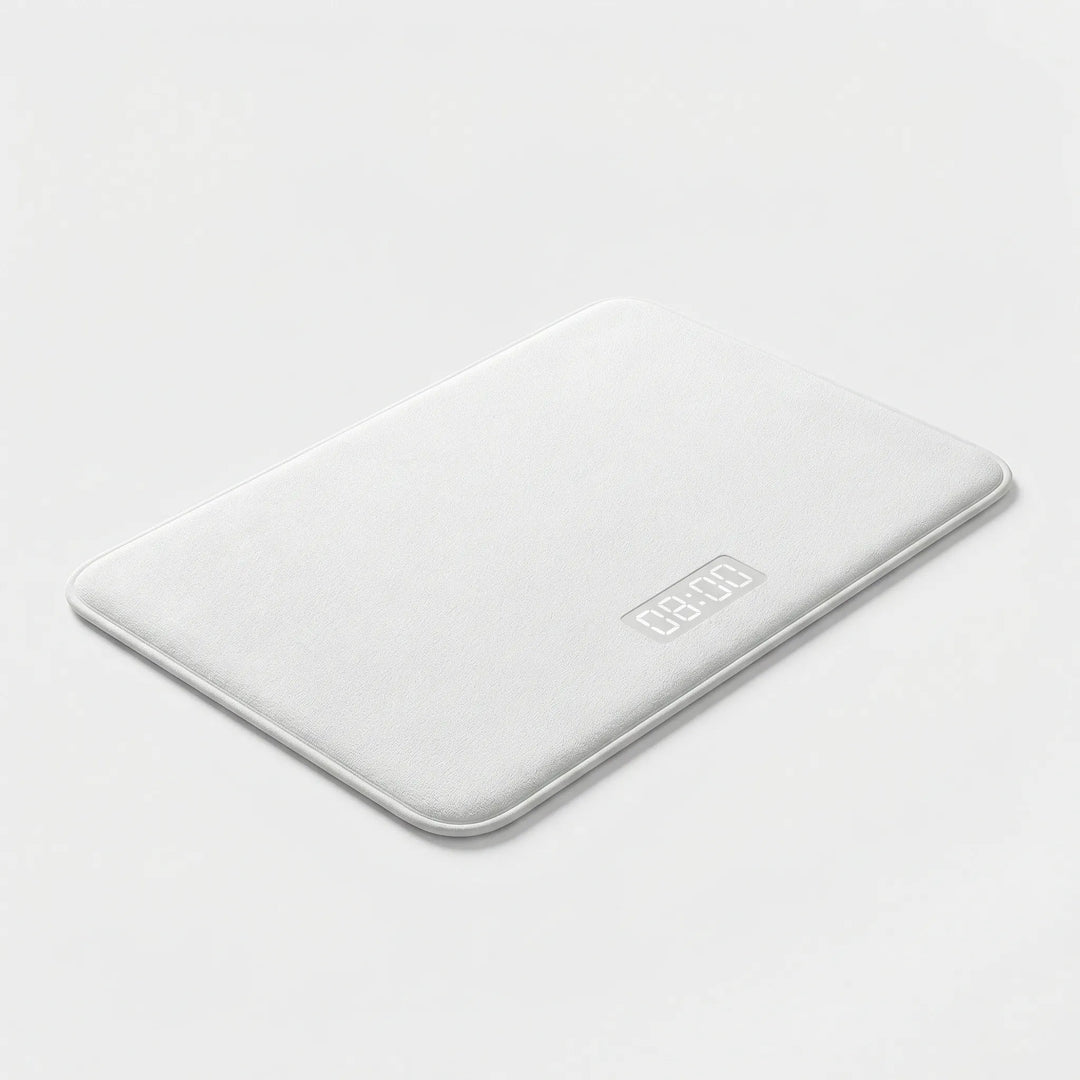 Smart pressure mat alarm helps deep sleepers wake up with a custom alarm. Modern bedroom gadget for an improved morning routine.