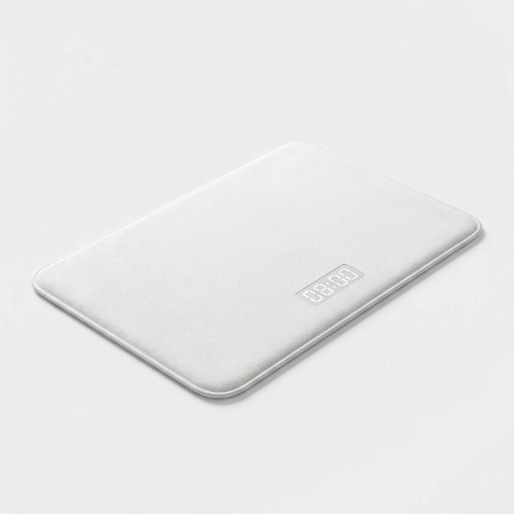 Smart pressure mat alarm helps deep sleepers wake up with a custom alarm. Modern bedroom gadget for an improved morning routine.