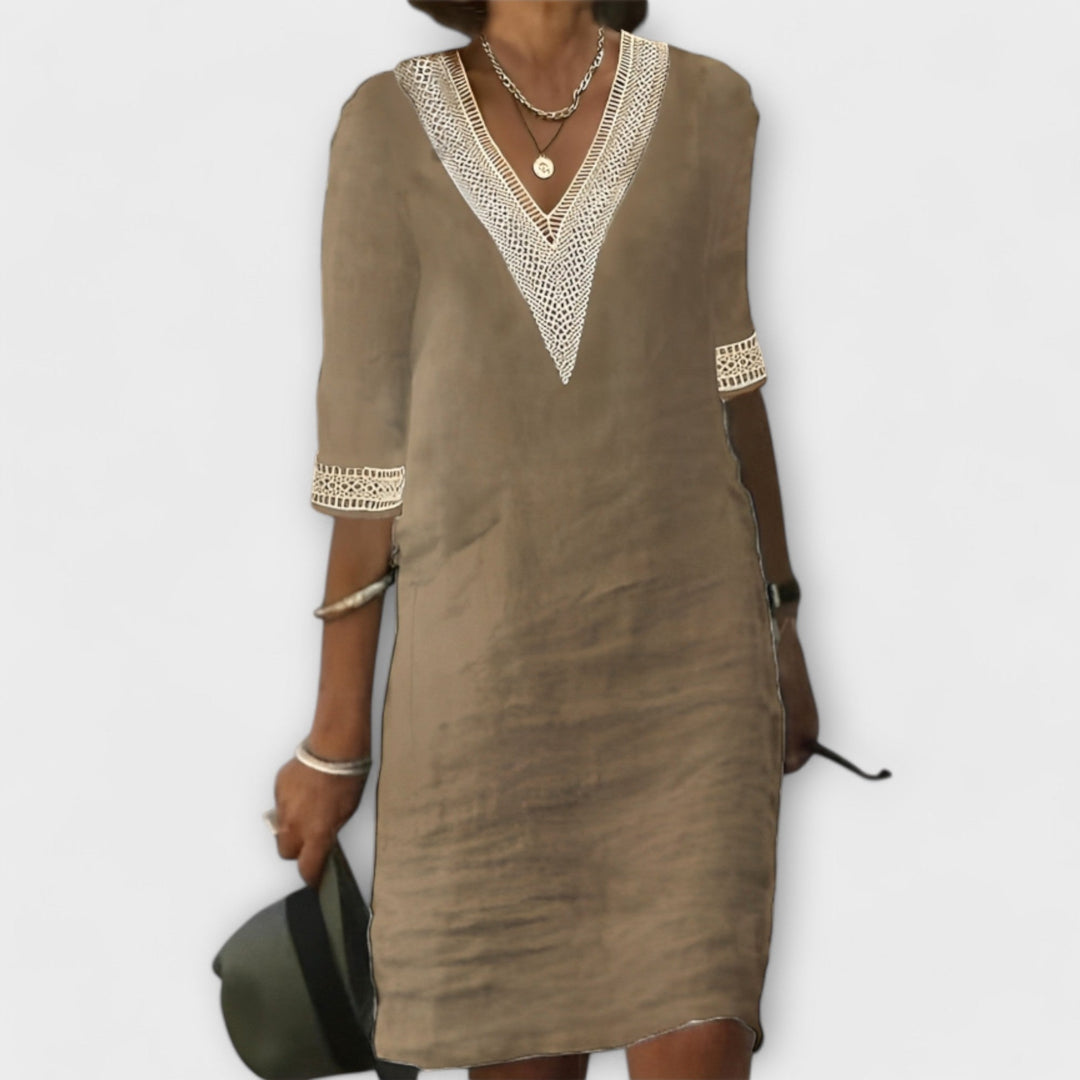 Comfortable women's flowy crochet midi dress with a stunning openwork design, perfect for casual summer outings & vacation style.