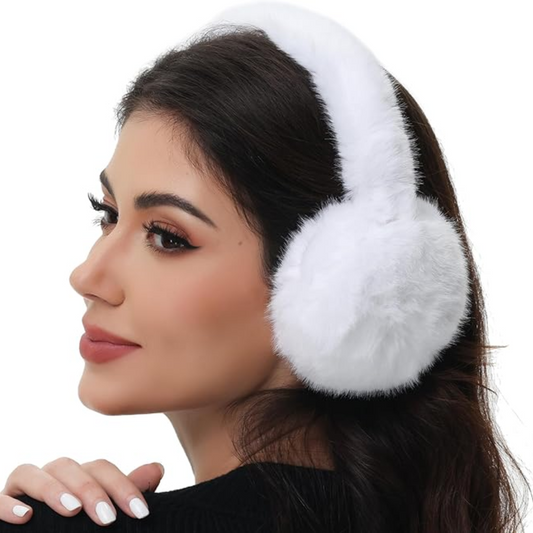 Fluffy foldable faux fur ear warmers for winter. Stay cozy in cold weather.