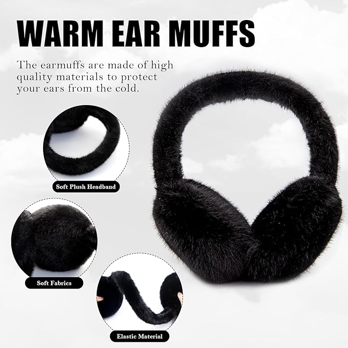 Warm and fuzzy faux fur ear warmers, foldable, ideal for cold weather.
