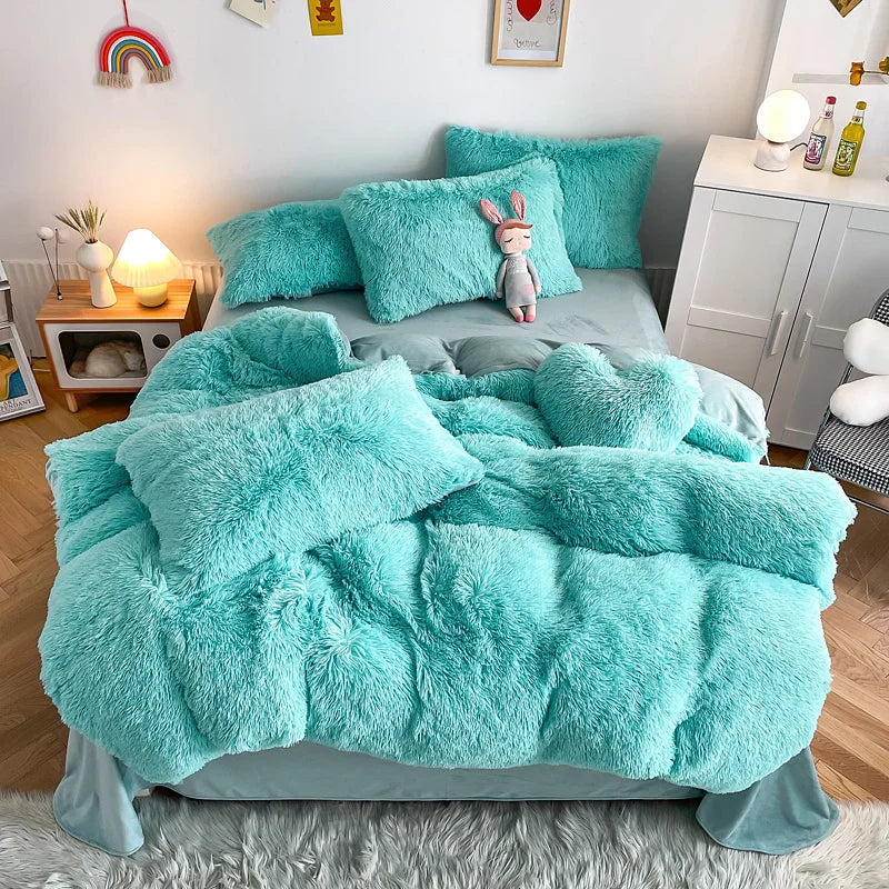 Fluffy plush velvet duvet cover set, soft & luxurious for cozy bedroom decor.