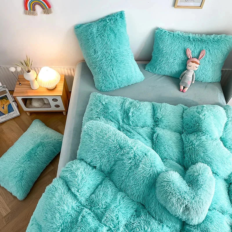 Stylish fluffy plush duvet cover set, soft luxurious bedding for cozy nights.