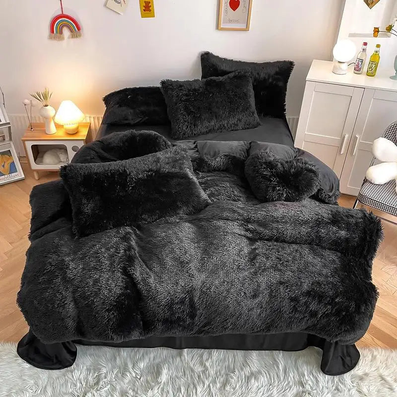 Cozy fluffy plush duvet cover set, soft luxurious bedding.