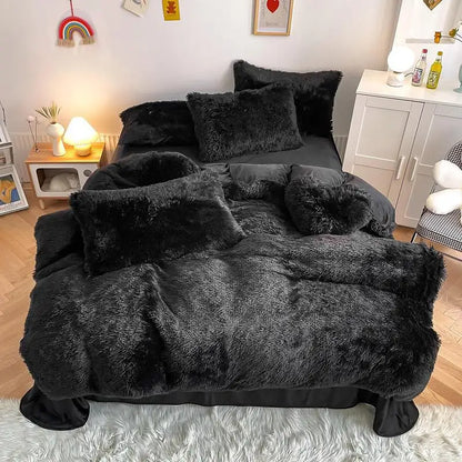 Cozy fluffy plush duvet cover set, soft luxurious bedding.
