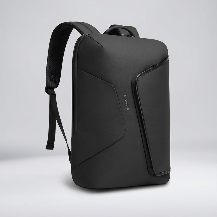 Close-up of FluxPack waterproof business backpack's durable, water-resistant material & sleek zippers.