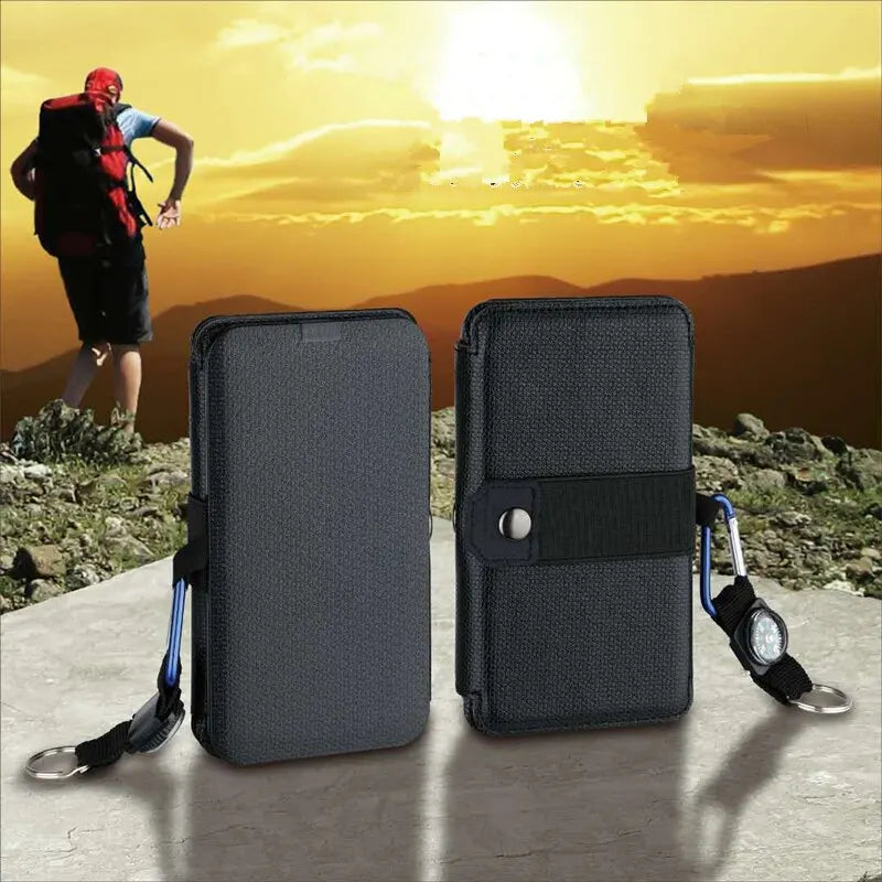 Portable 28W solar charger, USB output, ideal for hiking and emergency power.