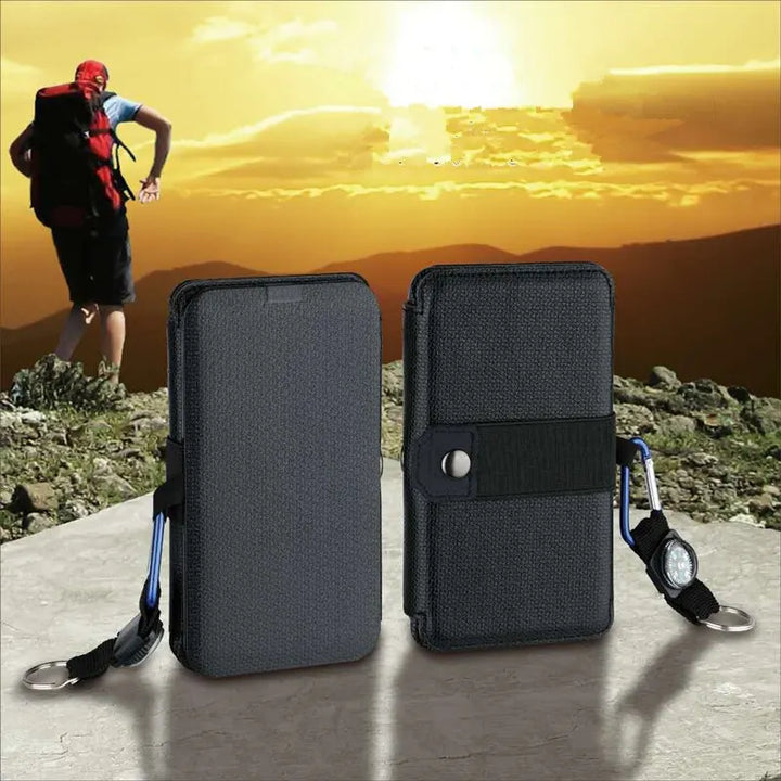 Portable 28W solar charger, USB output, ideal for hiking and emergency power.
