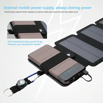 Outdoor tech: Compact 28W USB solar charger, perfect for travel essentials.