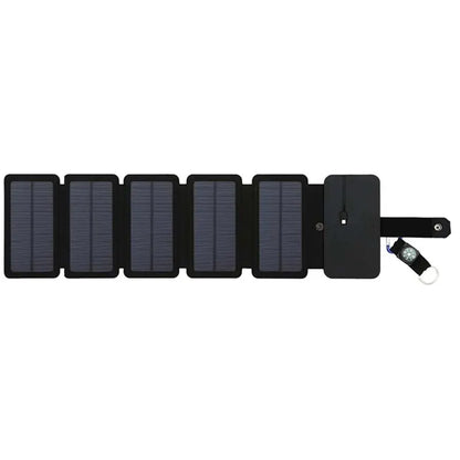 28W foldable solar panel charger with multiple USB ports, shown charging a smartphone.