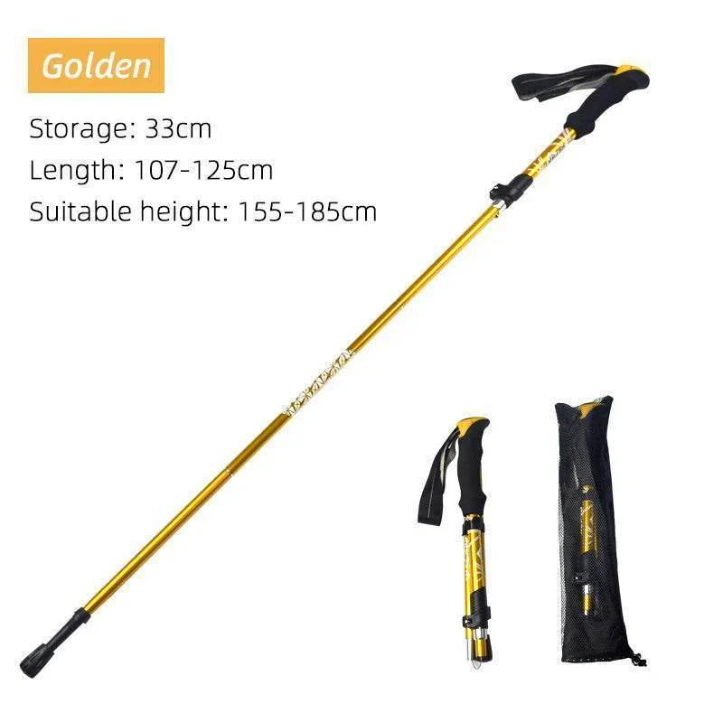 Portable 5-section trekking pole, lightweight design, essential outdoor gear for walkers