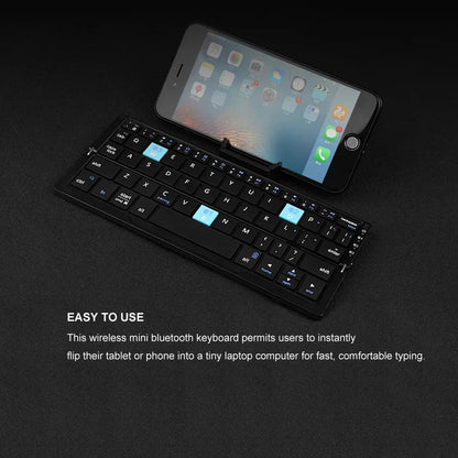 Sleek aluminum alloy foldable Bluetooth keyboard with integrated magnetic stand for tablets & smartphones.